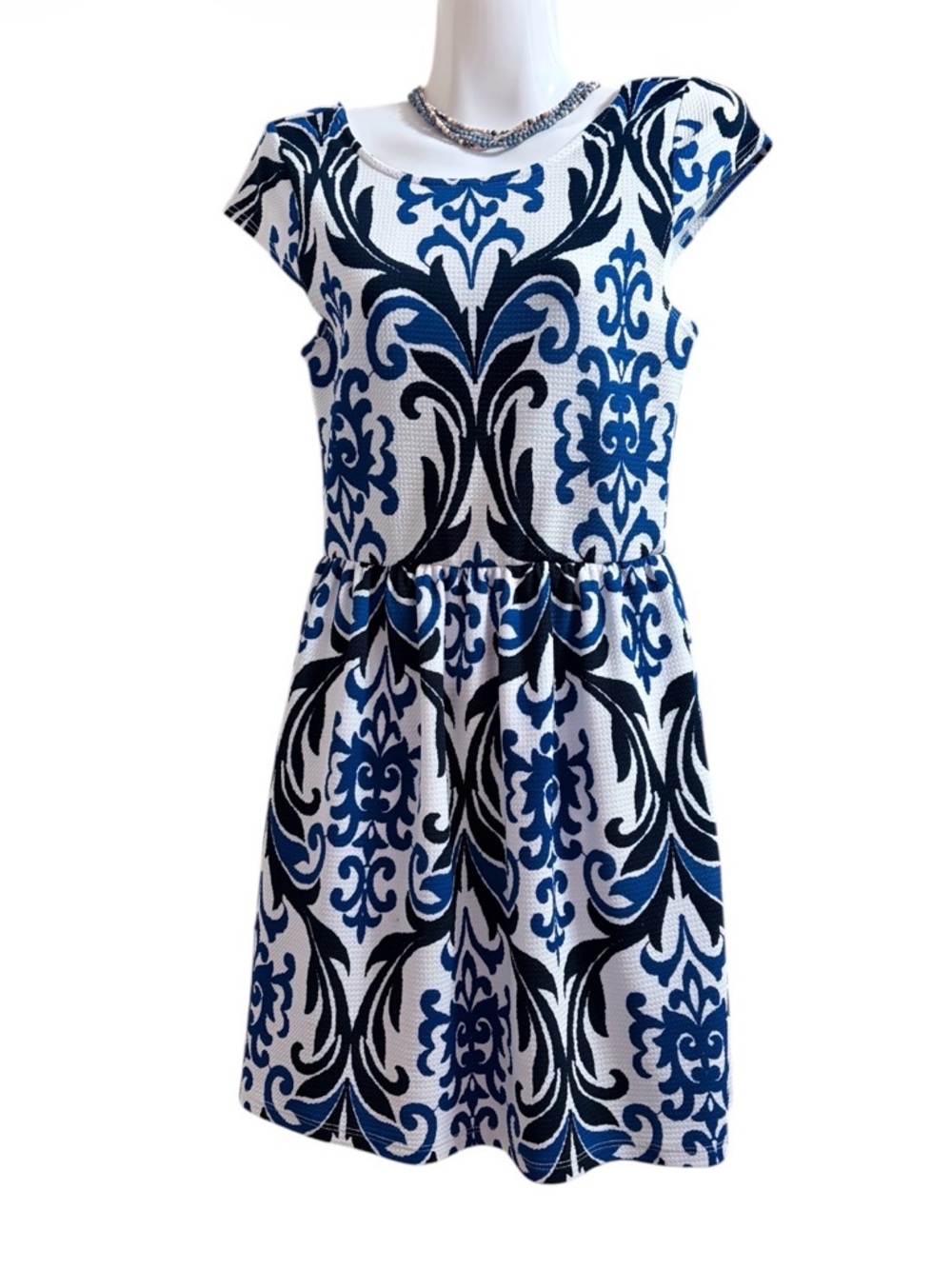 Everly Dress Size Small, Fit & Flare| Blue & white, lined Damask Inspired EUC